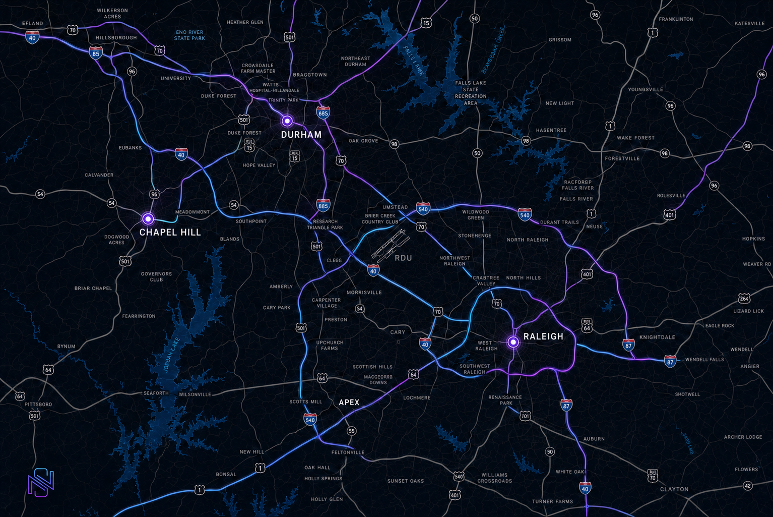 Static regional map of Raleigh, Durham, Chapel Hill, and the surrounding Greater Raleigh area