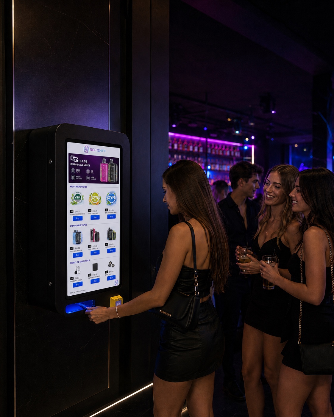 A guest completing a purchase from a NightShift machine while friends remain inside the venue