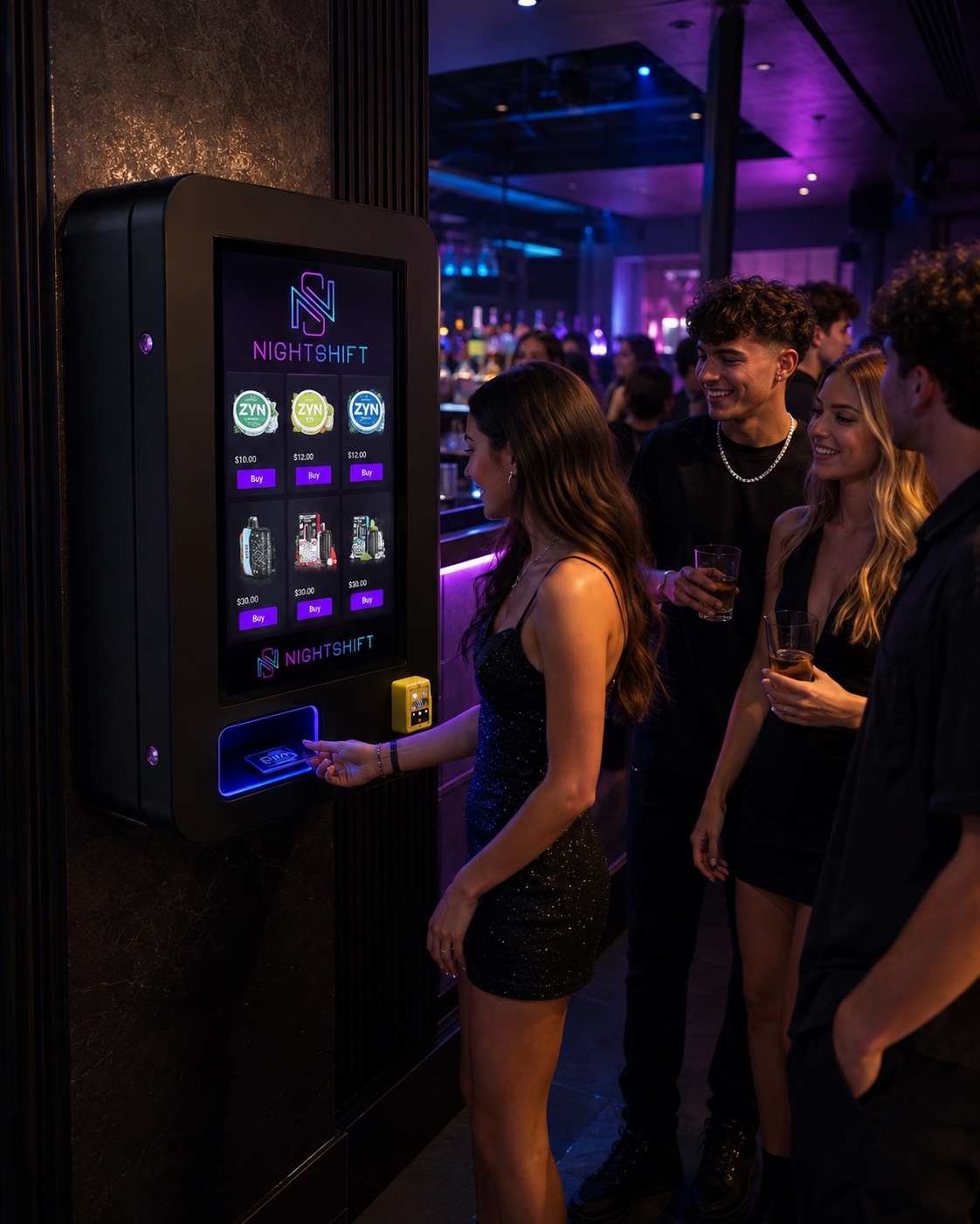 A guest purchasing nicotine pouches from a NightShift machine inside a nightlife venue