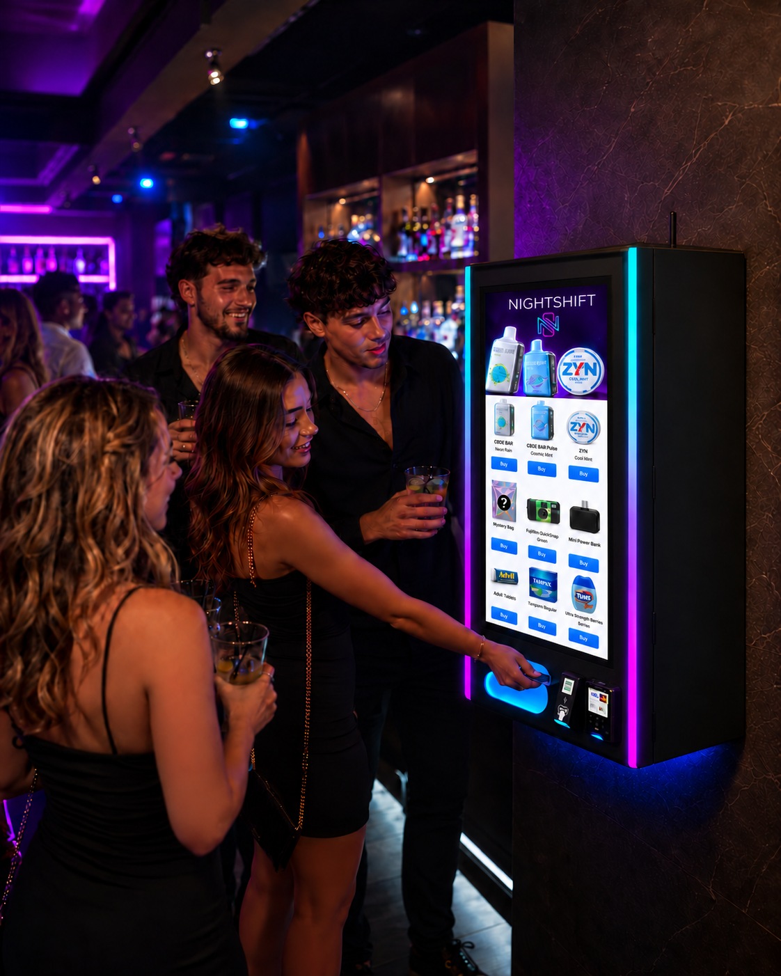 Nightlife guests purchasing products from a NightShift machine installed beside a bar
