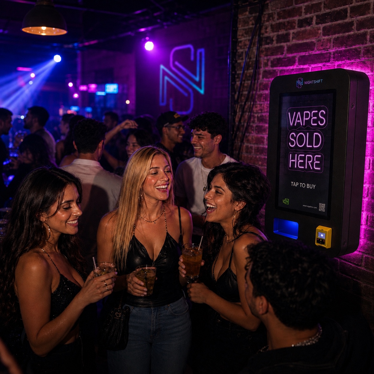 Nightlife guests socializing beside a wall-mounted NightShift machine